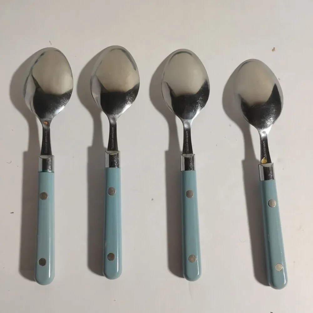 Vintage 18Pc Sky Blue Plastic Riveted Handle Stainless Flatware Made in Taiwan